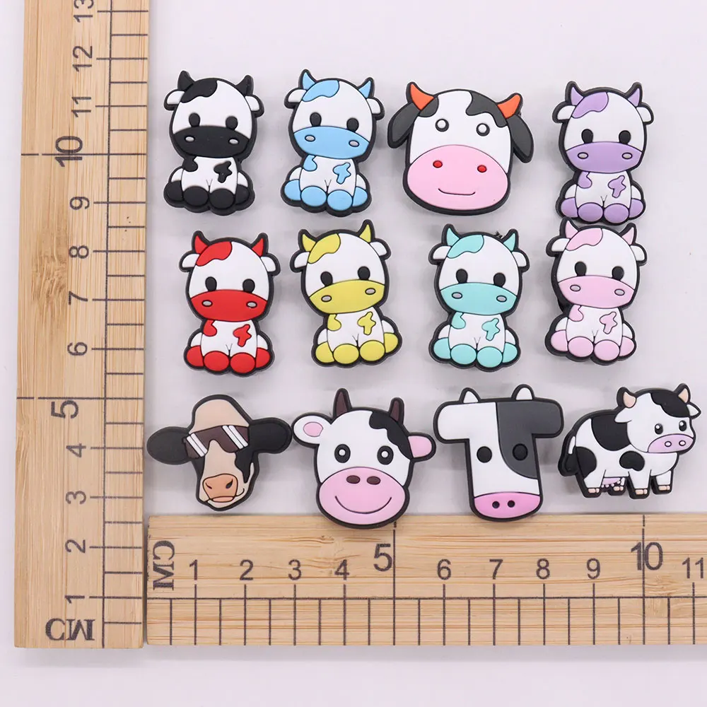 Mix 50pcs PVC Cartoon Colorful Animal Cow Series Shoes Charms Accessories Buckle Clog Decorations DIY Wristbands Kid Boys Gift