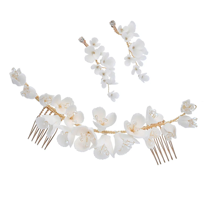 Handmade Ceramic Flower Hair Jewery Comb Women Bride Headpiece Wedding Floral Earrings