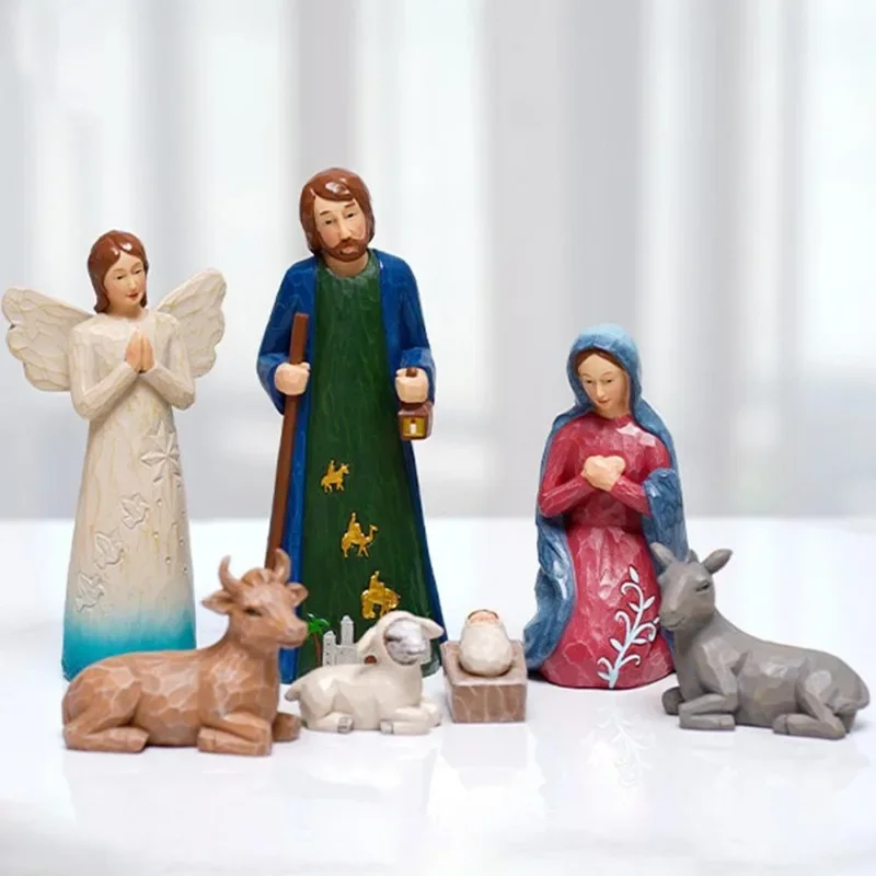 7pcs/set Statue Nativity Scene Set Baby Jesus Manger Christmas Crib Figurines Miniatures Ornament Church Xmas Gift Home Decor