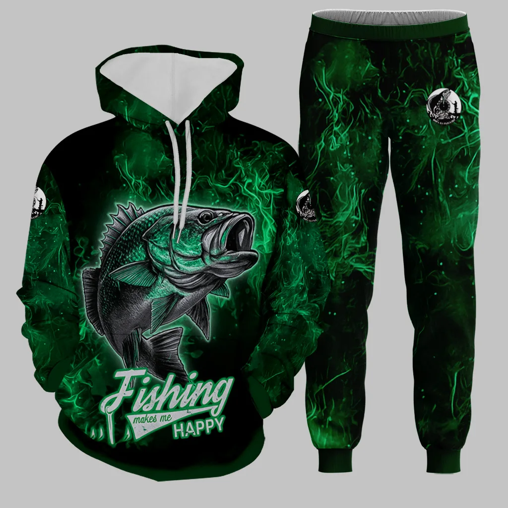 Ensemble à capuche pour hommes, pêche en plein air, imprimé en 3D, sweat à capuche + pantalon, ensemble deux pièces, surdimensionné, Cool, décontracté