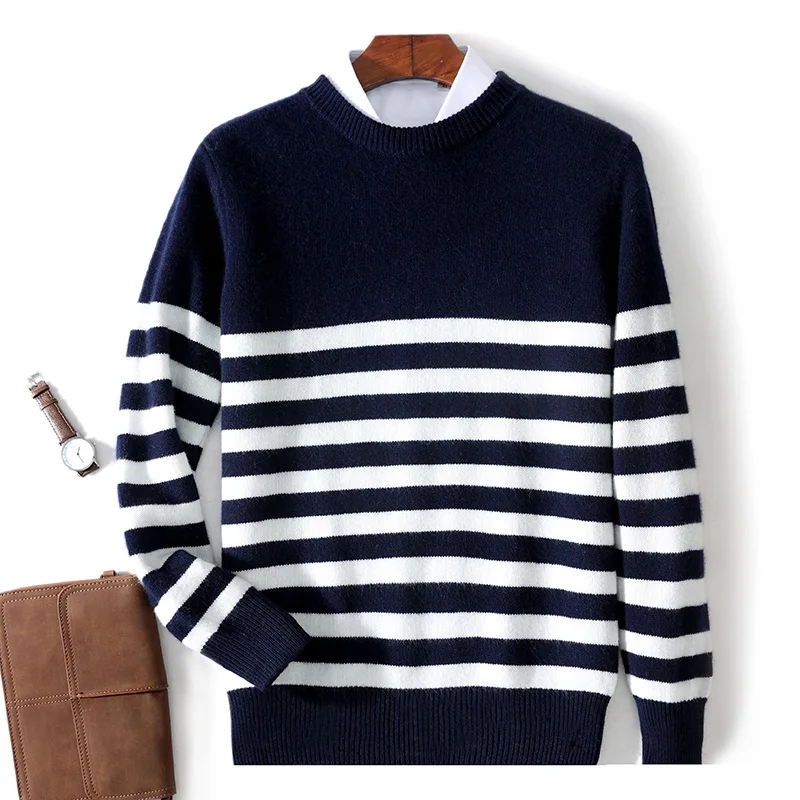 

Men's Autumn Winter 100% Merino Wool Striped O-Neck Pullover Young Trendy Sweater Comfortable Versatile Cashmere Knitted Top