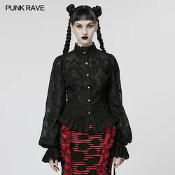 PUNK RAVE Women's Gothic Flare Sleeves Chiffon Embroidered Perspective Blouse Ruffle Stand Collar Shirt 2 Colors Spring/Autumn