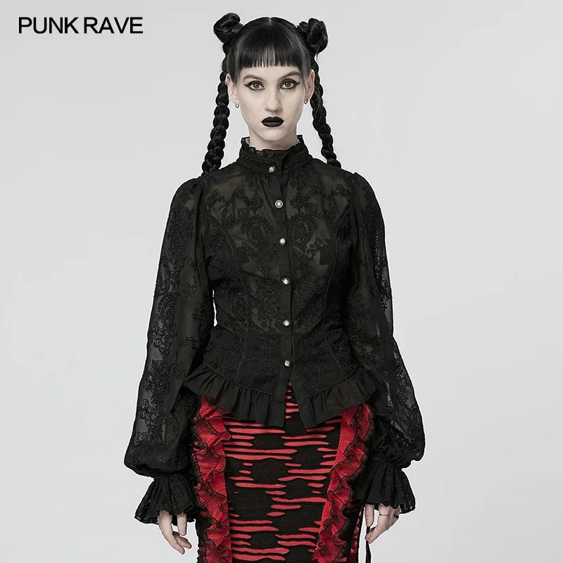 PUNK RAVE Women's Gothic Flare Sleeves Chiffon Embroidered Perspective Blouse Ruffle Stand Collar Shirt 2 Colors Spring/Autumn