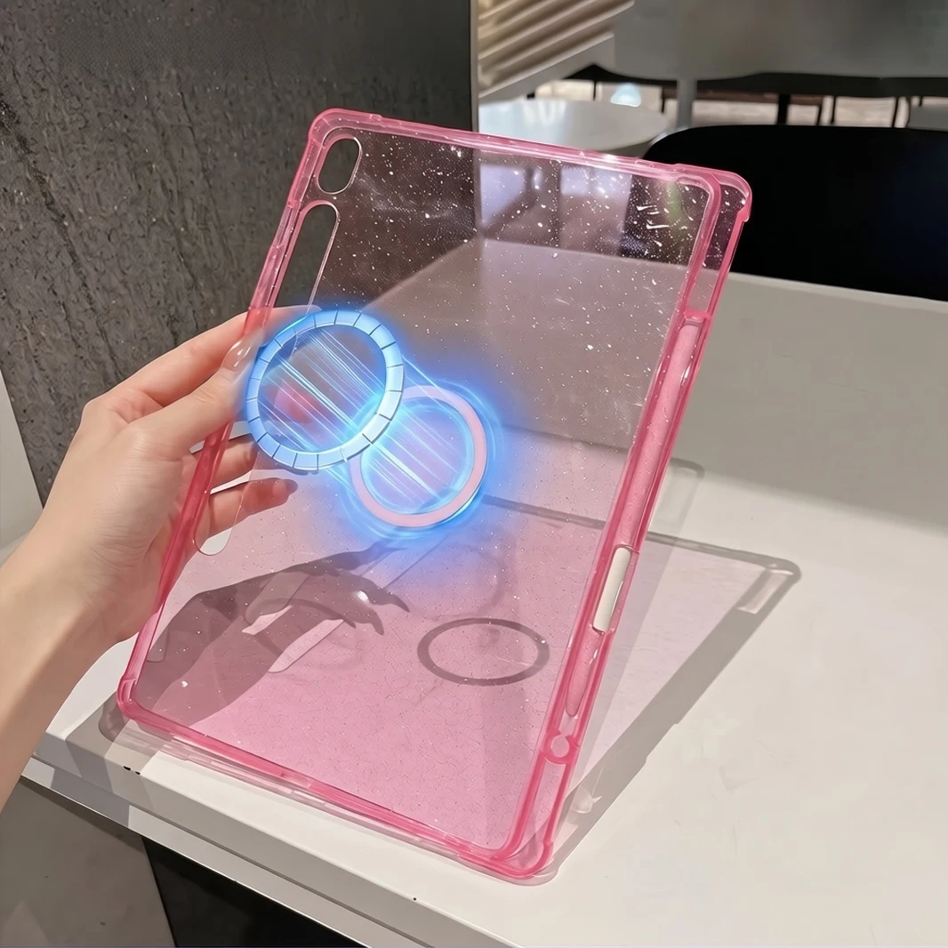 For Samsung Tab Case  S12 Plus S11 S10 FE Lite S9 S8 S7 Plus A9 A11 8.7 11 inch Magnetic Case Clear Transparent Glitter Cover