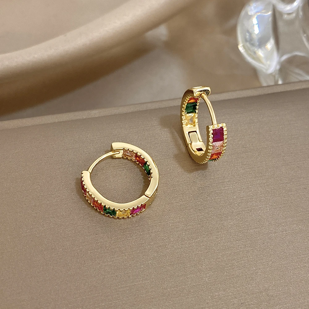 Fashion Jewelry Women Gold Plated Copper Huggie Earrings Geometric-Shaped Colorful Zircon Hoop Earrings Classic Engagement Gifts