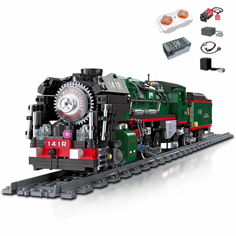 Klemmbausteine Französische 141R Dampflokomotive Vintage-Zug mit Motor Bausteine Retro-Transportfahrzeug Stadtansicht Ziegelstein-Modellbausatz Jungen-Spielzeug Erwachsene Kinder Geschenk 1782 Teile