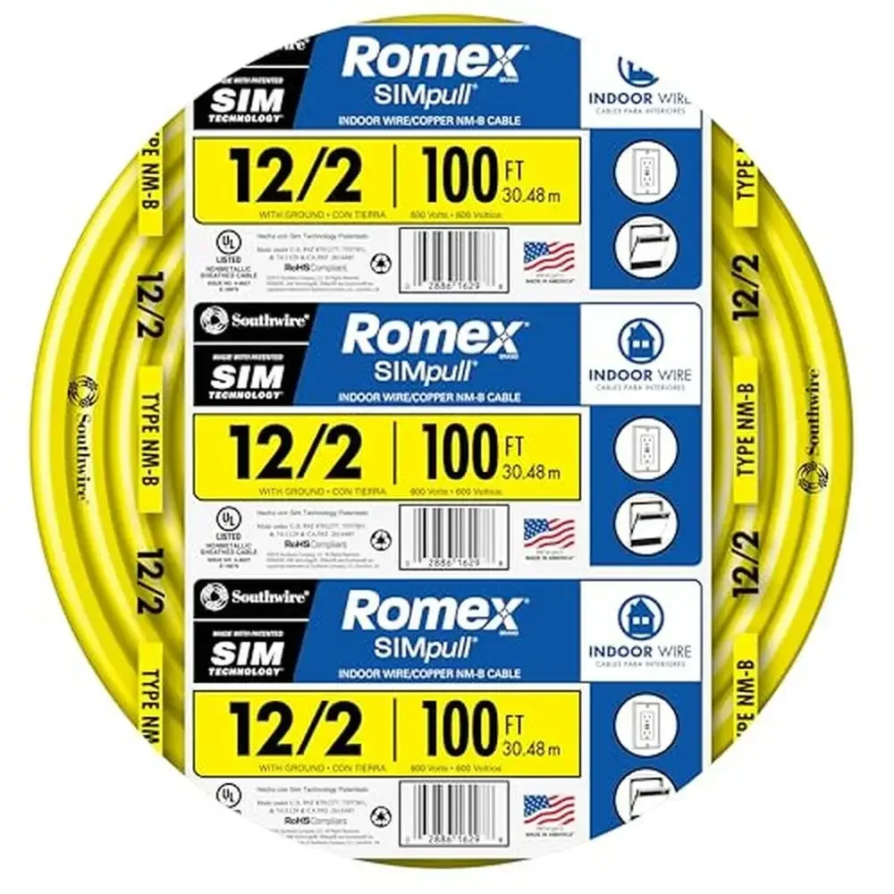 12/2 Romex Brand Simpull Solid Copper Building Wire 100ft Coil NM-B Cable Residential Branch Circuits Dry Location Use 600V