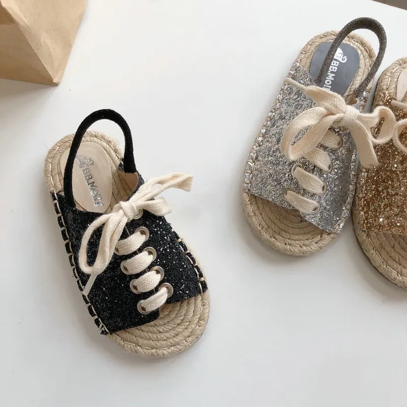 sandalias Korean Summer Casual Sandals Sequin 2023 New Girls Round Toe Soft Sole Anti Slip Princess Children Shoes zapatos niña