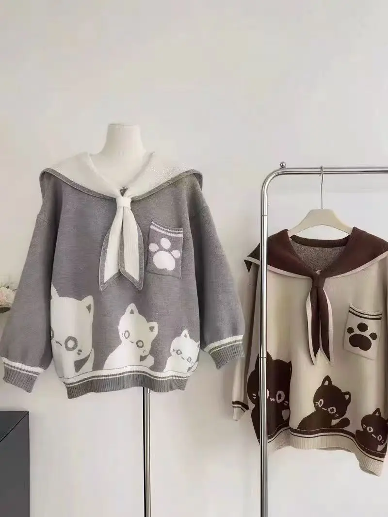 

2-цветный корейский трикотаж, зимний свободный свитер Kawaii, женский японский Cutecore с матросским воротником, вязаные пуловеры, джемперы в стиле Харадзюку