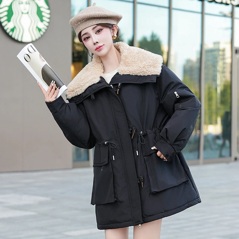 2025 Nuovo Inverno Giacca In Pile Allentato Addensato Parka da Donna in Pelle di Pecora Imbottiture Cappotto di Cotone Tasca Risvolto Caldo Lungo Della Tuta Sportiva di Tendenza