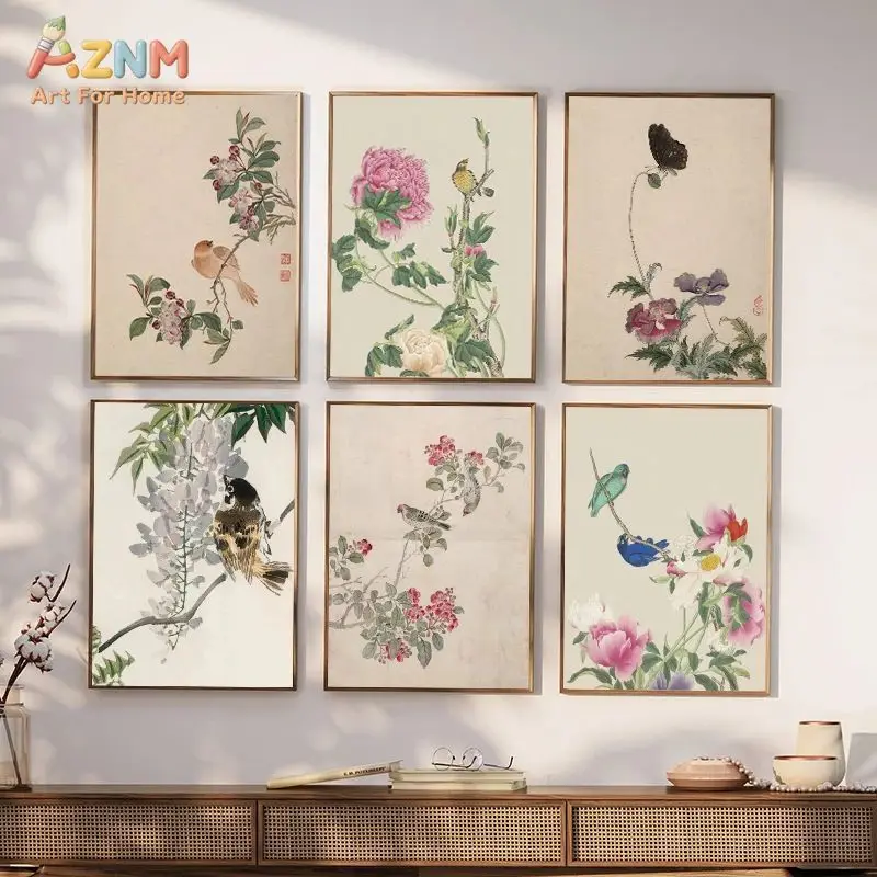 AZNM Chinese Vintage Flower Bird Canvas Poster Frameless Wall Art Traditional Ink Painting Peony Wisteria Butterfly Oriental Flo