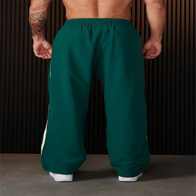 Men's Sports Pants Double Stripe Stitching Casual Fitness Sports Print Gym Loose Mid-Rise Straight Trousers