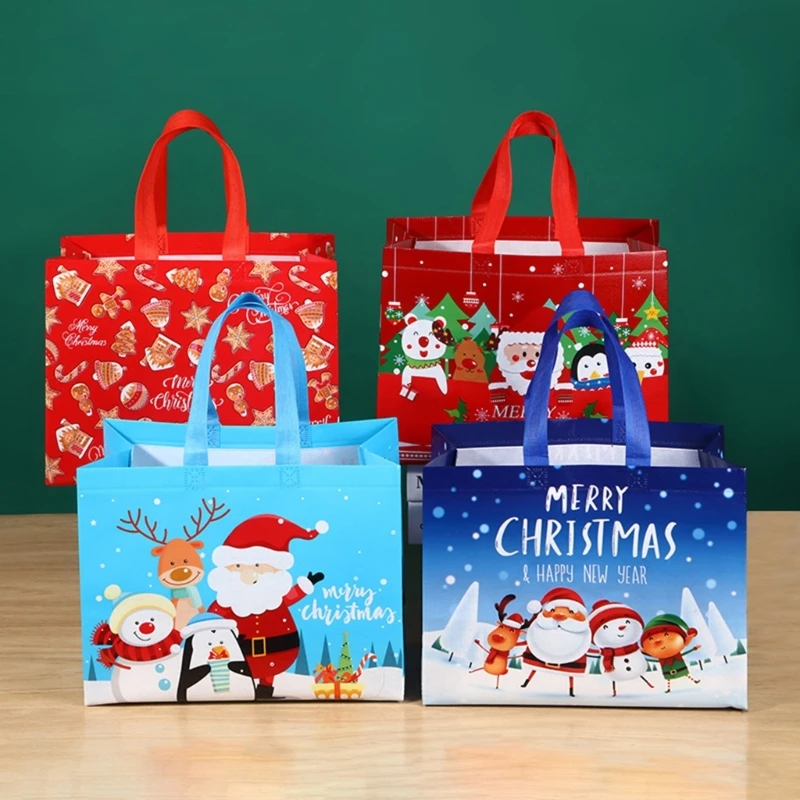 Christmas Tote Bag with Handle Large Gift Bag Reusable Non-Woven Grocery Shopping Tote Santa Claus Snowman- Cartoon Bag A0KF