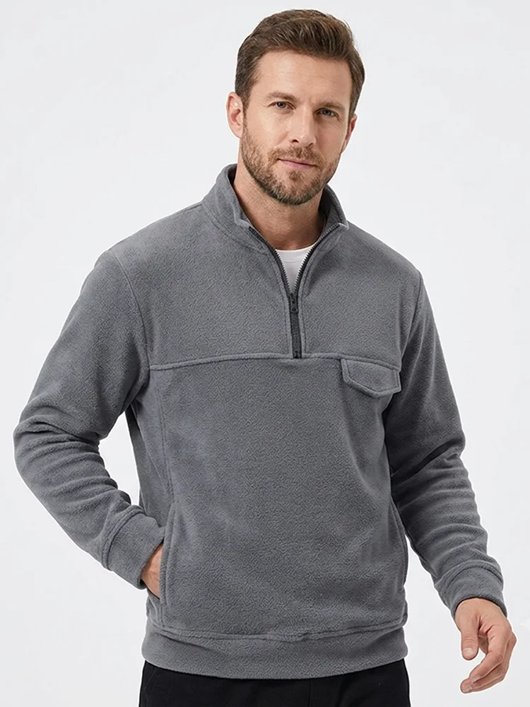Winter Men Softshell Jacket Polar Fleece Half Zip Pullover Sweatshirt Stand Collar Thermal Windproof Work Coat Casual Outdoor