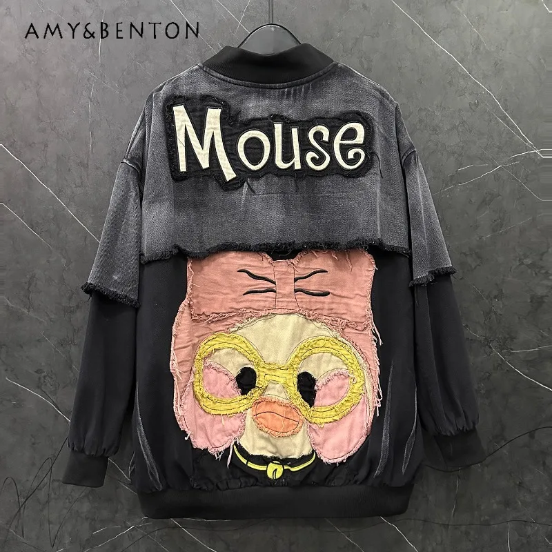 

New Arrival Popular Design New Sweatshirt Cartoon Patch Embroidery Fake Two-Piece Jacket Ladies Loose Casual Zipper Hoodies Top
