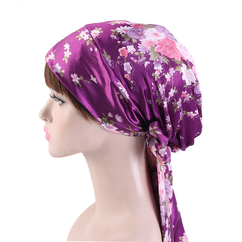 Women Silk Satin Night Sleeping Cap Head Wrap Bowknot Turban Pre Tied Fitted Bandana Chemo Cap Nightcap Hair Loss Long Tail Caps