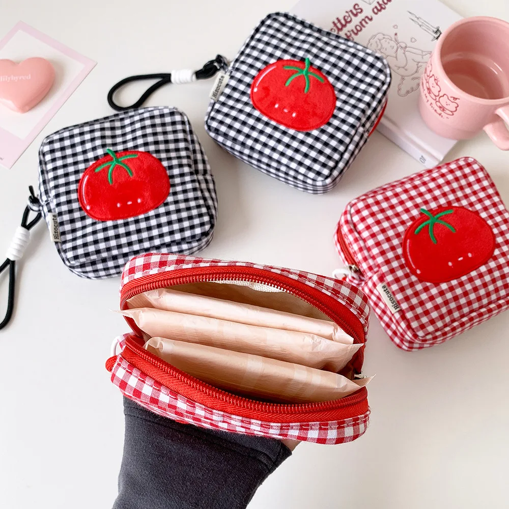 Tomato Grid Pattern Period Bag for Women Portable Sanitary Napkin Storage Bag Makeup Pouch with Zipper Tampons Holder for Purse