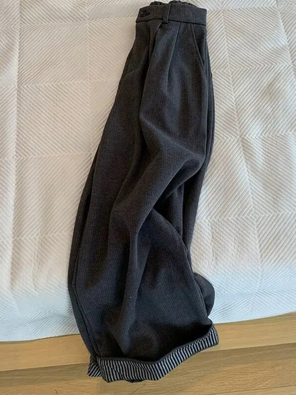 

Женские повседневные брюки в японском ретро-стиле, темно-серые, шерстяные, с отворотами, осенне-зимние, с высокой талией, прямые, свободные, удлиненные, с эффектом стройности
