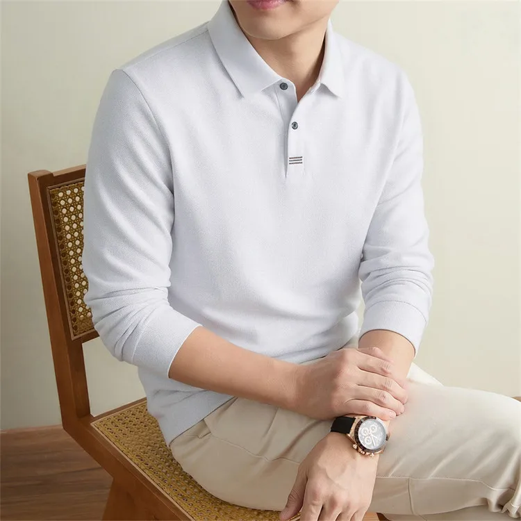 100% Mercerisierte Baumwolle Einfarbiges Business-Casual-Oberteil Herren Old Money Style Langarm-Poloshirt – Detail 32