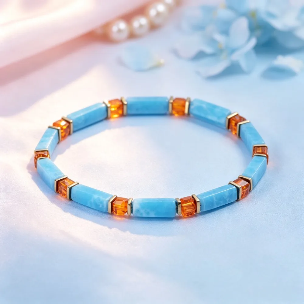 Natural Atlantis Stone And Larimar Bracelet with Orange Bracelet for New Beginnings, And Abundant Wealth Bohemian Gift