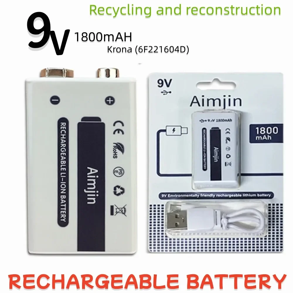 9V 1800mAh Li-ion Rechargeable Battery Micro USB Batteries 9v Lithium for Multimeter Microphone Toy Remote Control KTV Use