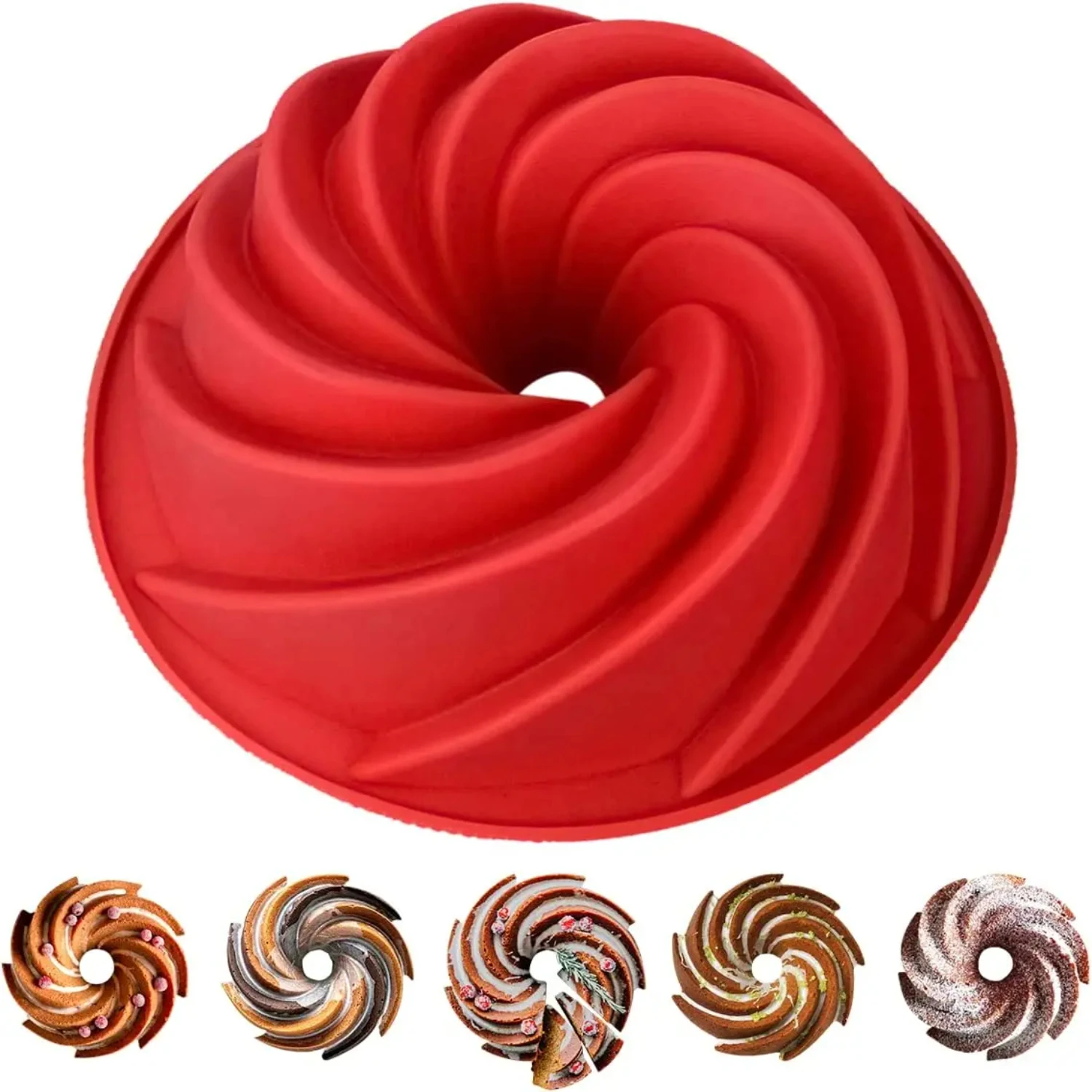 

9.5 Inch Cake Pan, Silicone Fluted Cake Mold, Nonstick Cake Pan with Spiral Design Cake Jello Bread Birthday Party - Red