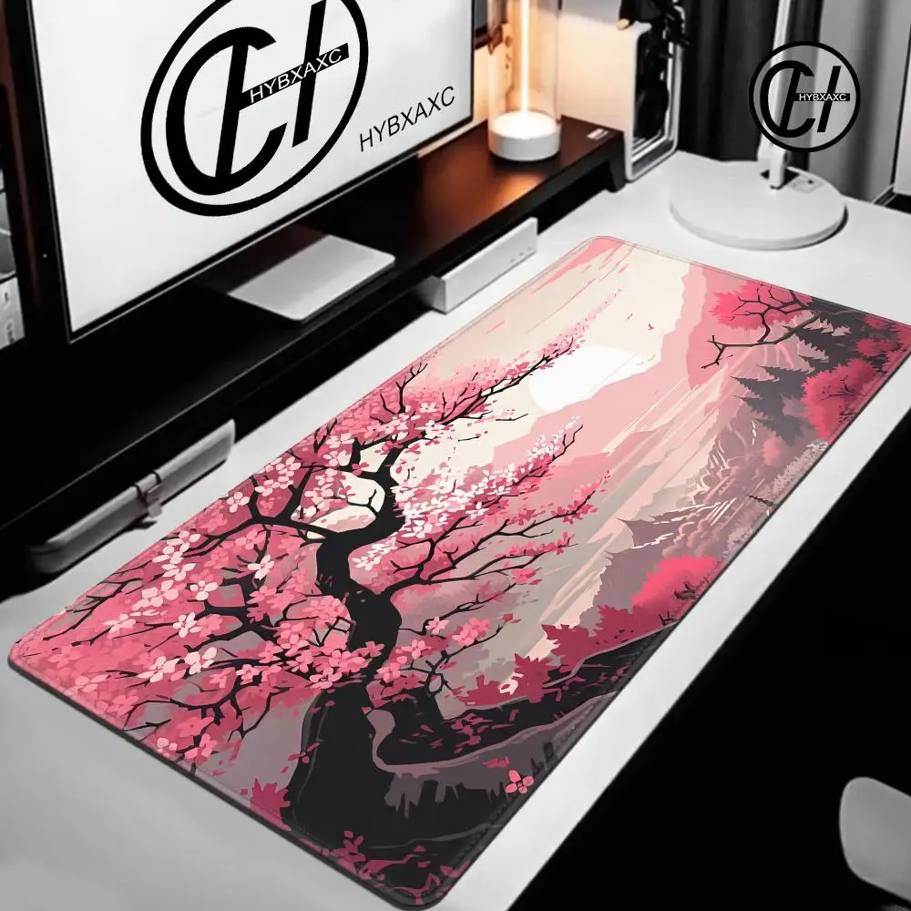 900x400 Black and white Japan style watercolor cherry blossom mouse pad non-slip rubber base with stitched edges for home office