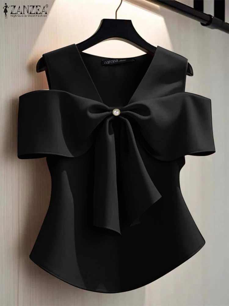 Women Summer Bow Tie Blouse 2025 ZANZEA Elegant Solid OL Work Shirt Casual V Neck Sleeveless Holiday Tops Stylish Party Blusas