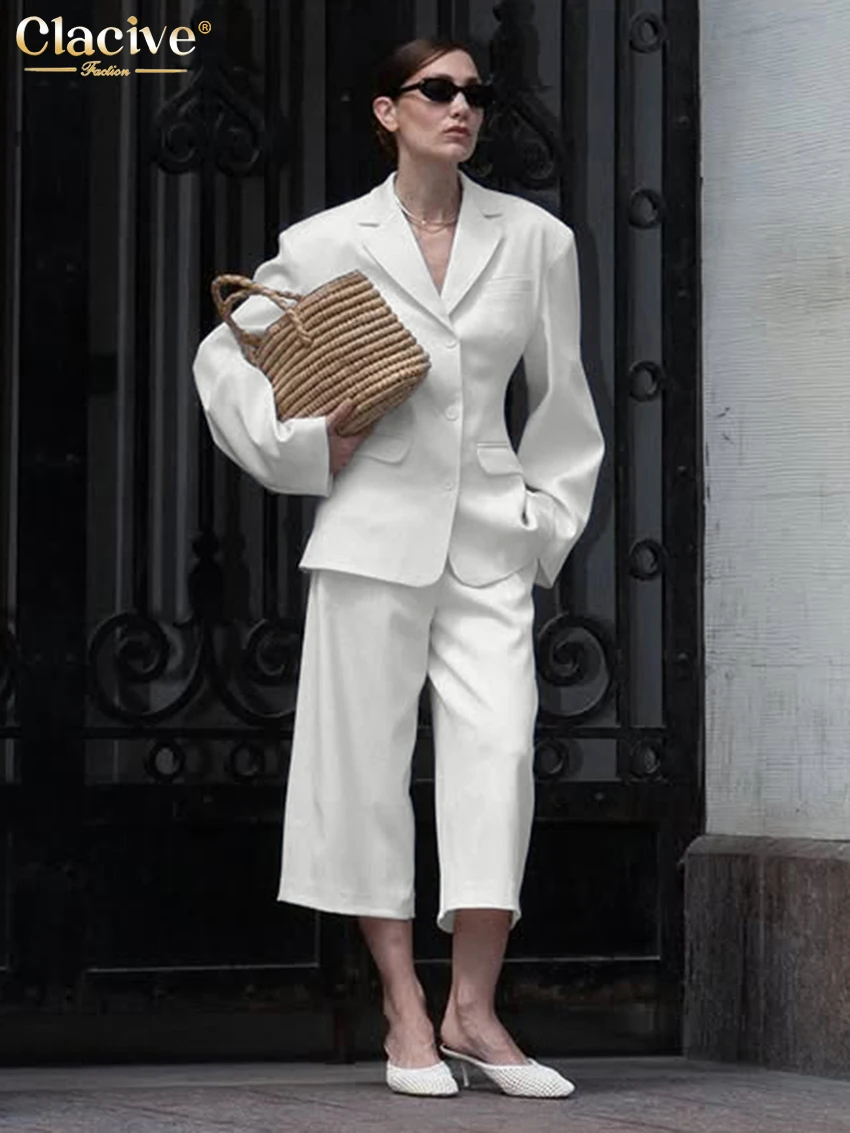 

Clacive Fashion Slim White Office Women's Two Pieces Set 2025 Winter Long Sleeve Blazer With High Waist Pants Set Female Clothes