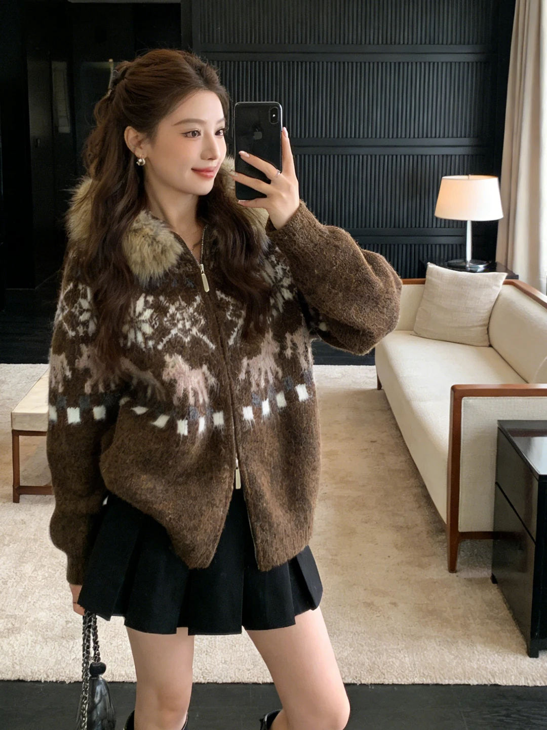 

Retro Knitted Cardigan Fair Isle Coffee Color Hooded Double Zipper Sweater Outerwear Spring 2026 Women's Korean Sle S...