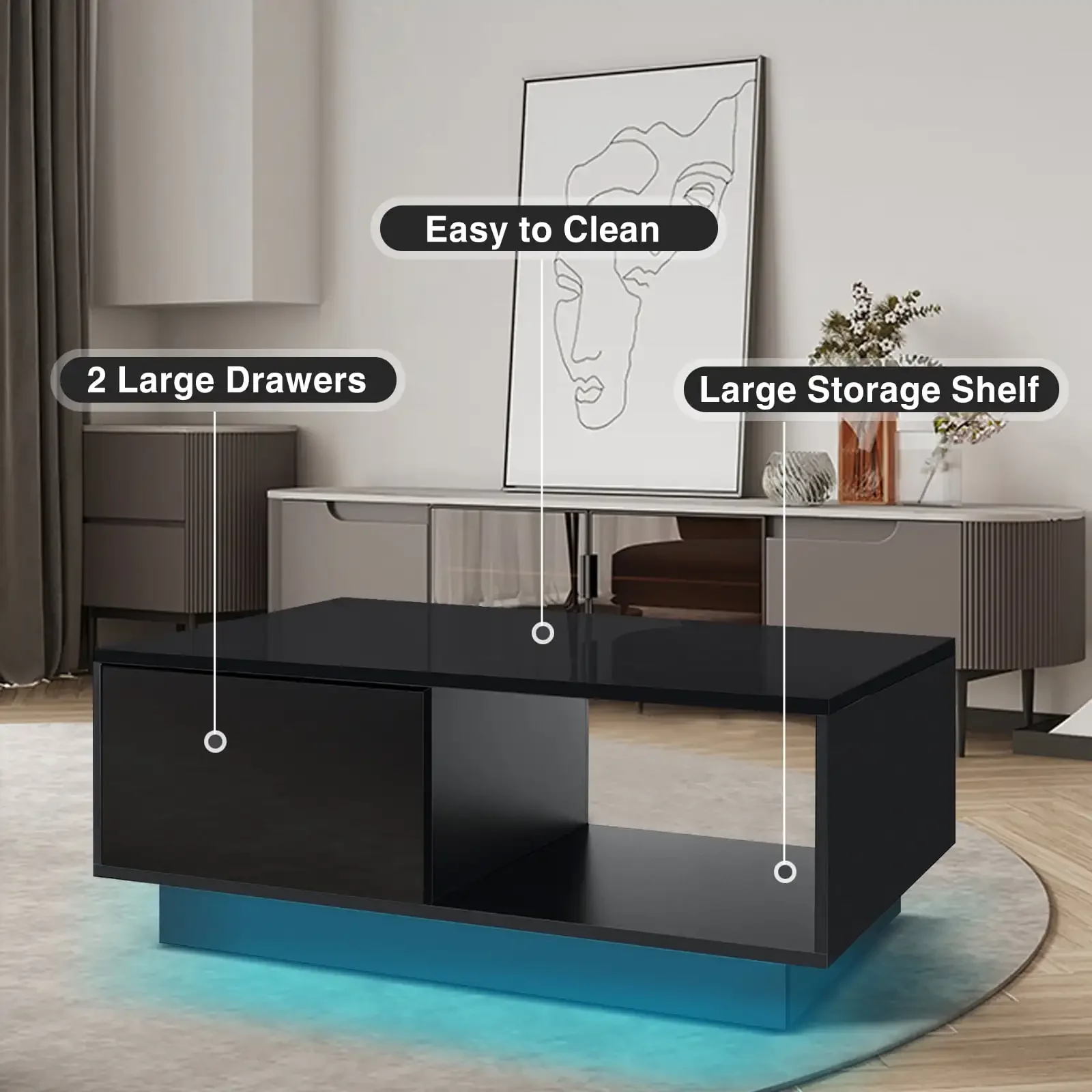 LED Coffee Table Modern Side Tables High Gloss Black Cocktail Table with 2 Drawers Open Shelf for Living Room