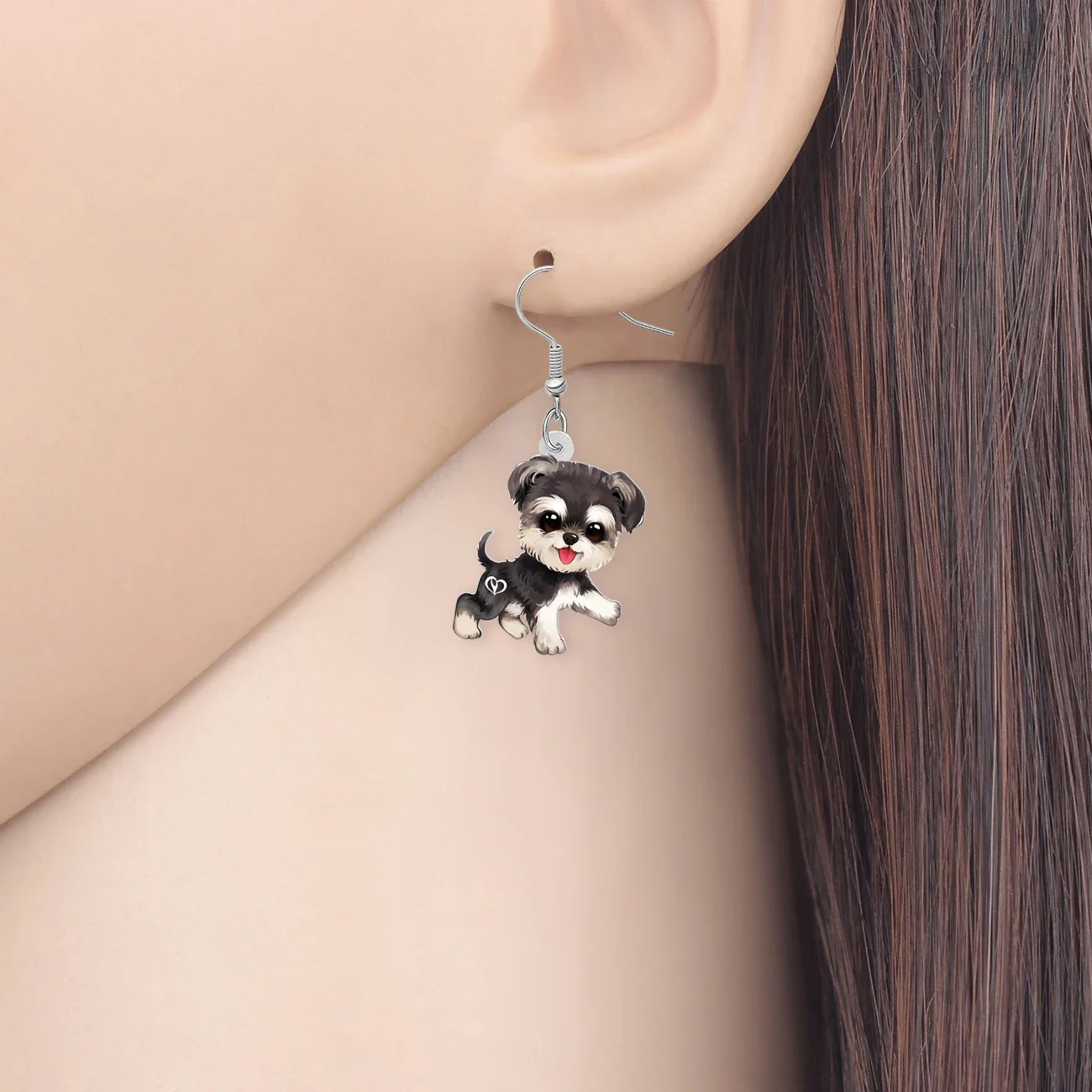 WEVENI Acrylic Cute Plush Schnauzer Dog Puppy Earrings Novelty Drop Dangle Doggy Jewelry Charms Gifts For Women Girls