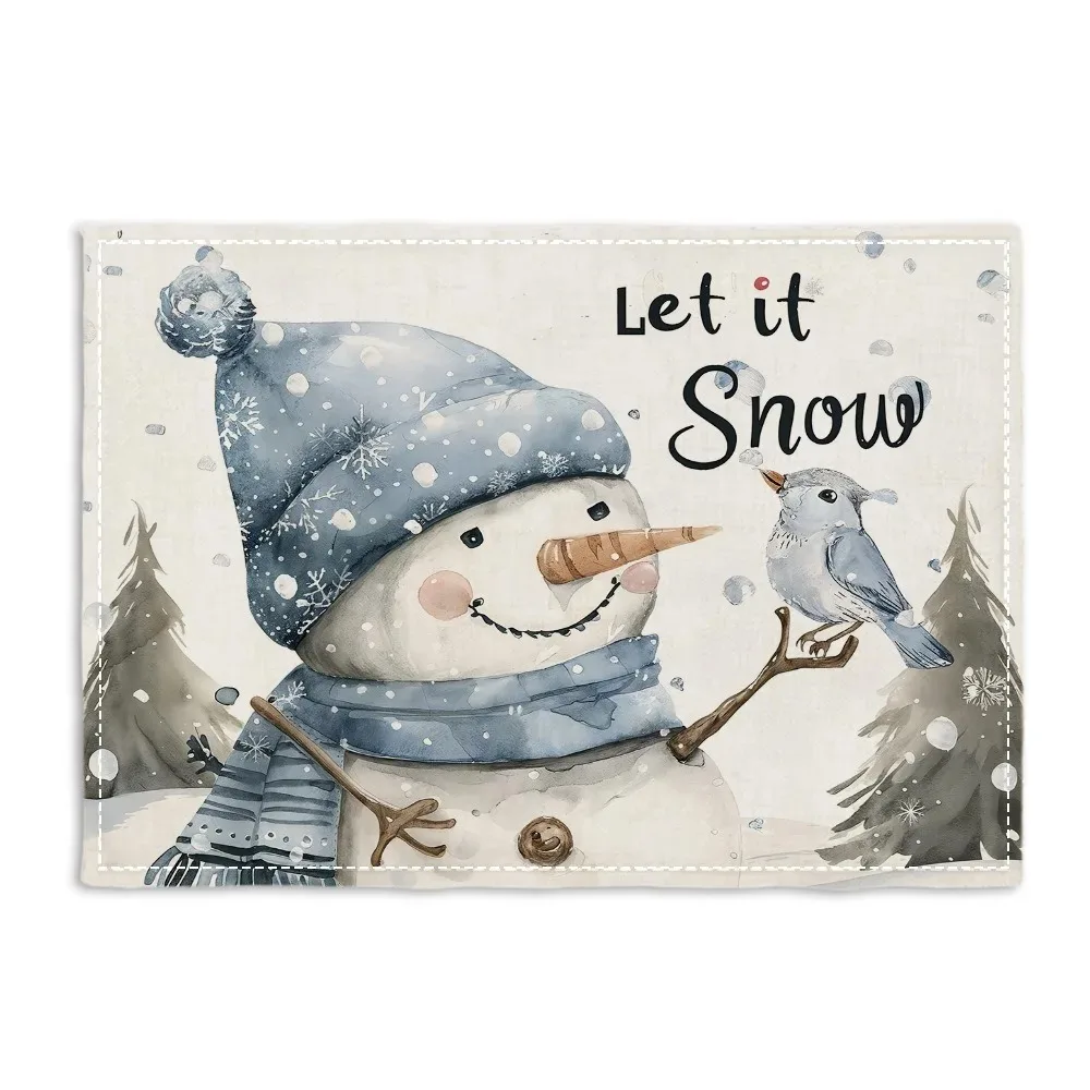 

Рождественский тематический коврик для столовых приборов с орнаментом, снеговиком и праздничным текстовым дизайном, художественный милый коврик с принтом для декора стола