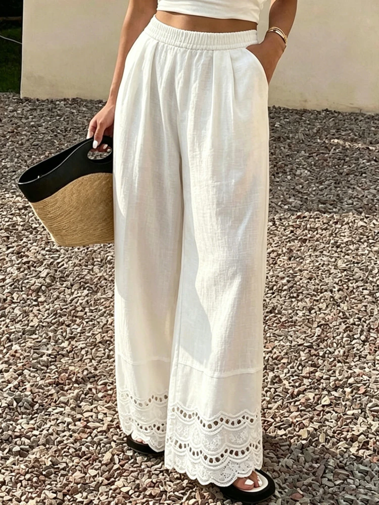 Spring Summer Loose Solid Patchwork Wide Leg Pants Women High Elastic Waist Trousers with Pockets Casual Holiday Streetwear 2026