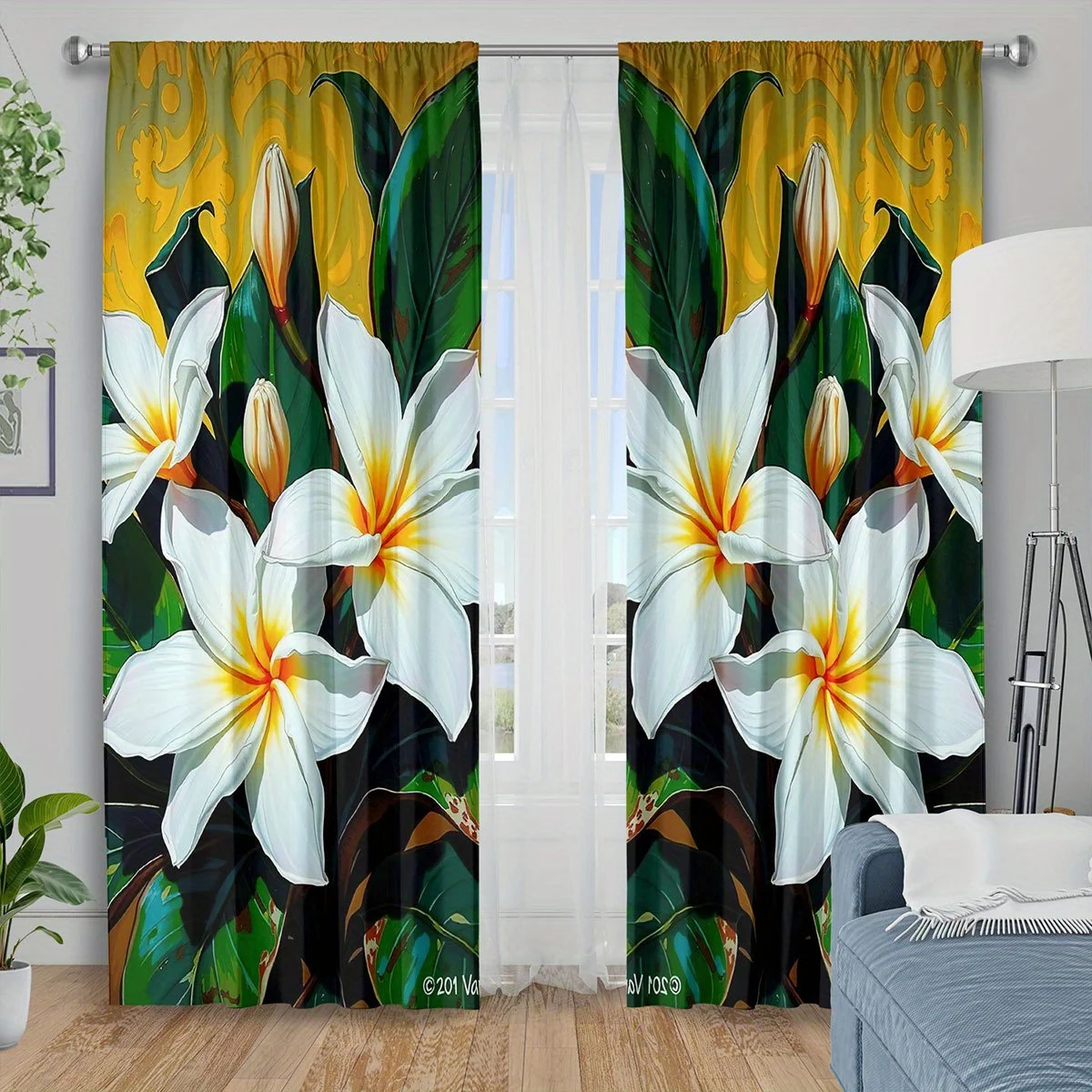 Tropical Plumeria Floral Blackout Curtains Vintage Yellow Background Thermal Insulated Window Drapes for Living Bedroom Decor
