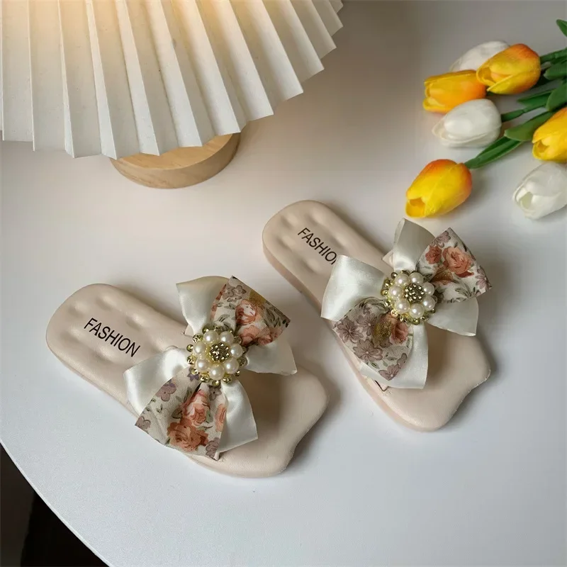 Girls Satin Bow Kids Versatile Slippers 2026 Summer New Simple Korean Kids Fashion Flat-bottomed Flip-flops Beach Shoes