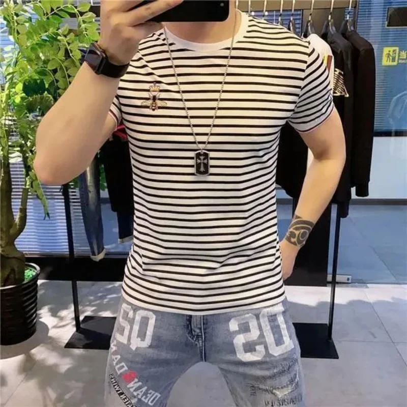 Clothes Cotton Vintage Mens Tee Shirts Goth Top Summer Men\'s T-shirt Striped Streetwear Embroidery Smooth Grunge Heather Basic S