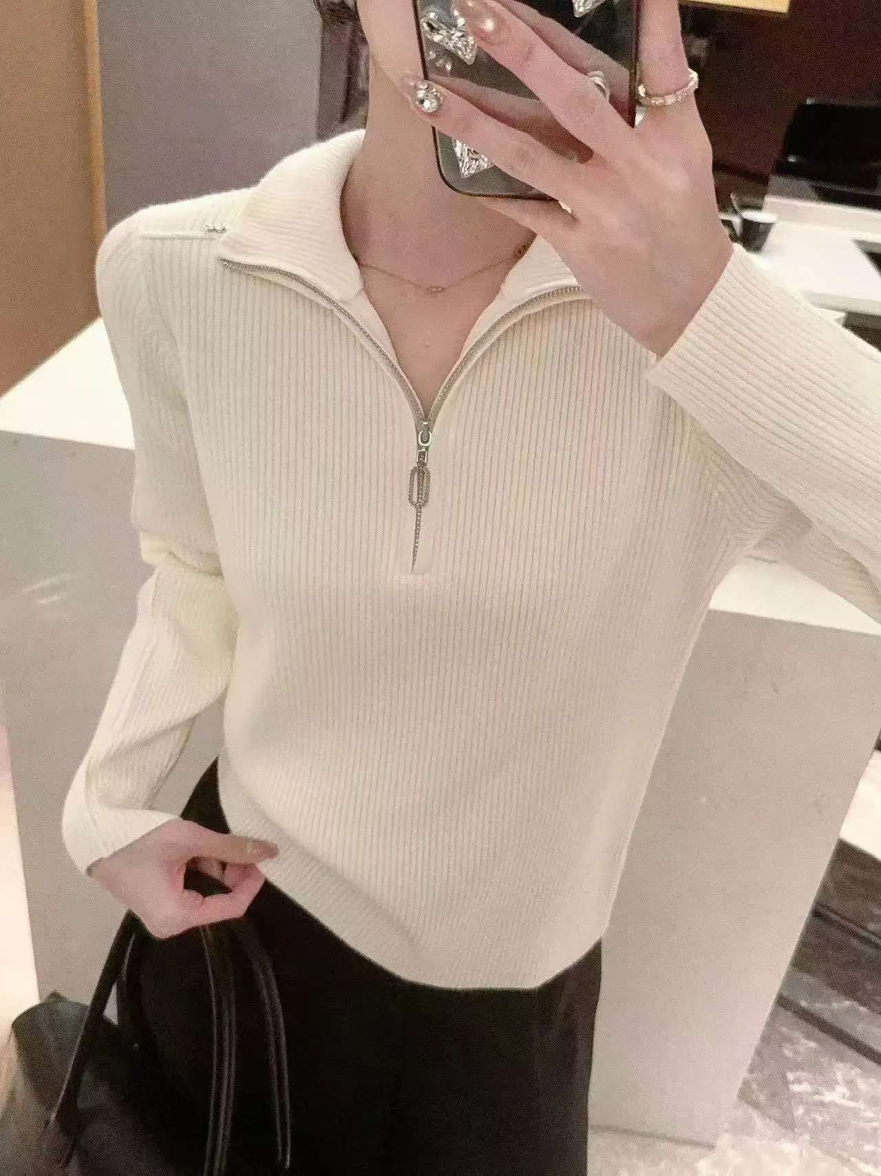 

Women's Autumn Winter Zipper High Collar Knitted Sweater Loose Slim Fit Casual Long Sve Turtlene Thermal Top