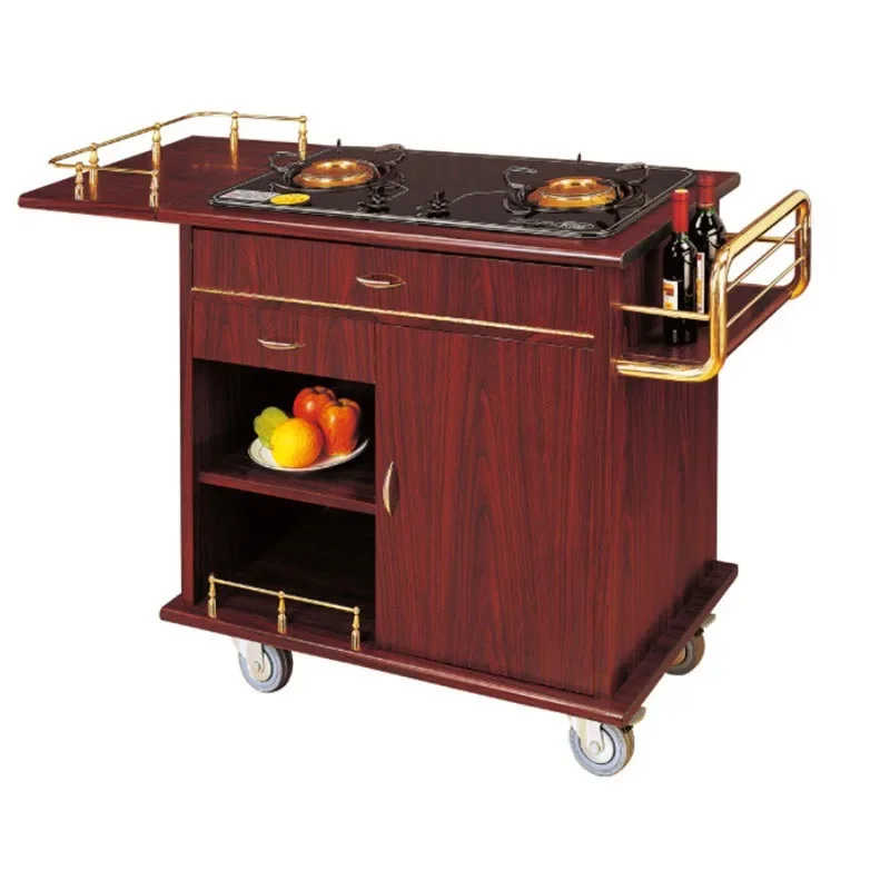 Cassette furnace cooking cart Hotel mobile inlay single furnace cooking cart Black walnut abalone cart Hand push hall car