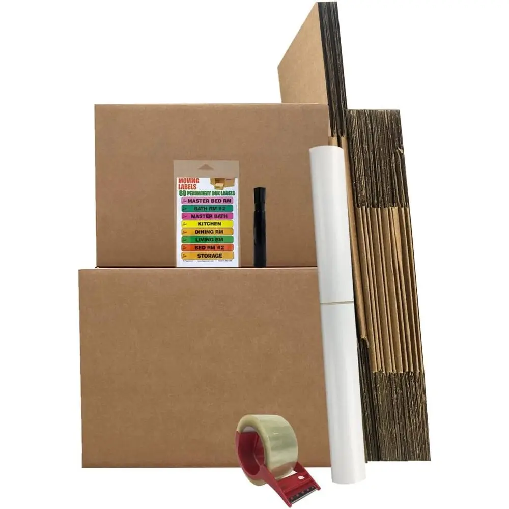 1-2 Bedroom Moving Kit: Medium & Large Boxes, 60 Labels, Packing Paper, Tape