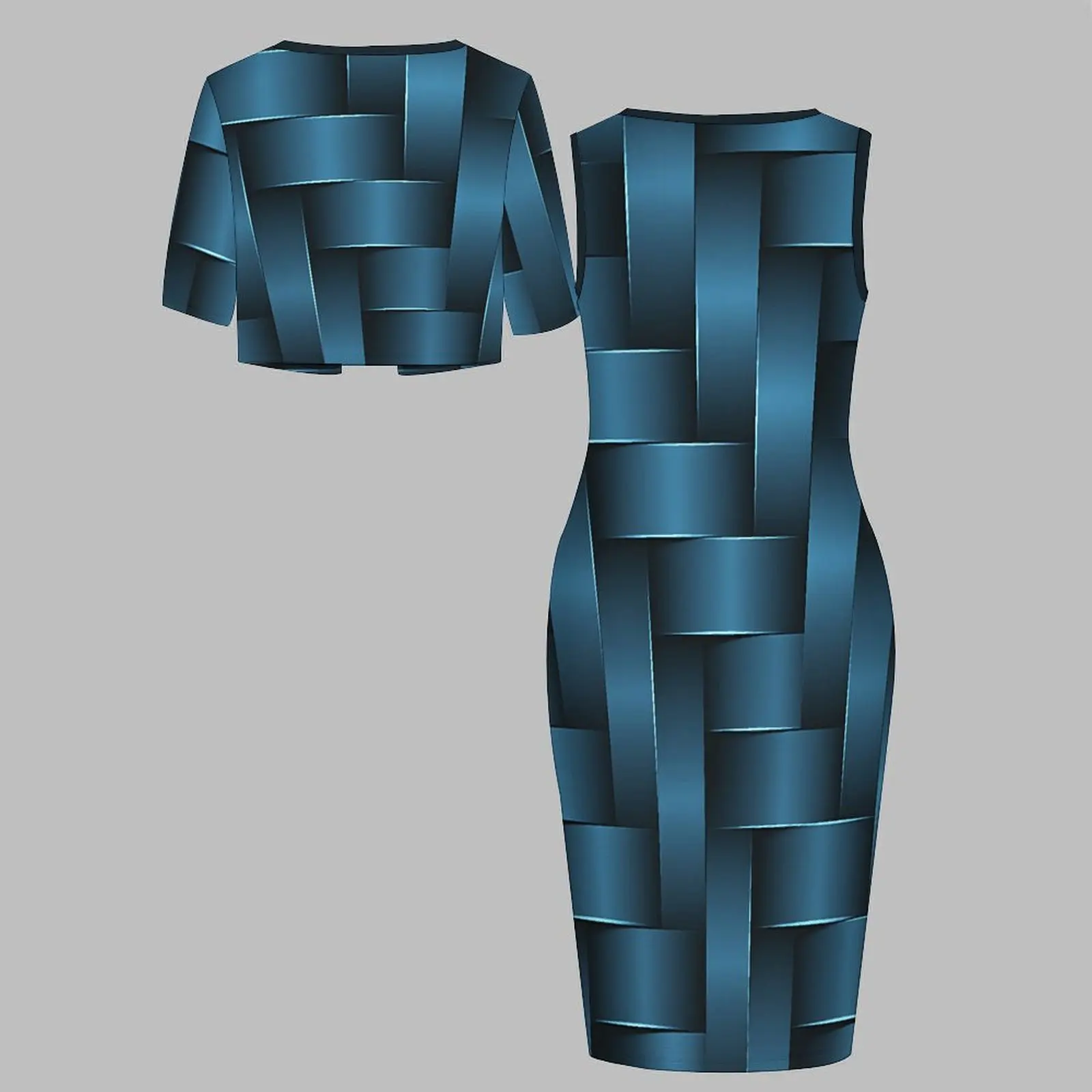 Plus Size 2pcs Women's  Round-necked Tight Skirts Fashion Short-sleeved Coat  Printed Design Two Piece Set Sleeveless Slim Skirt