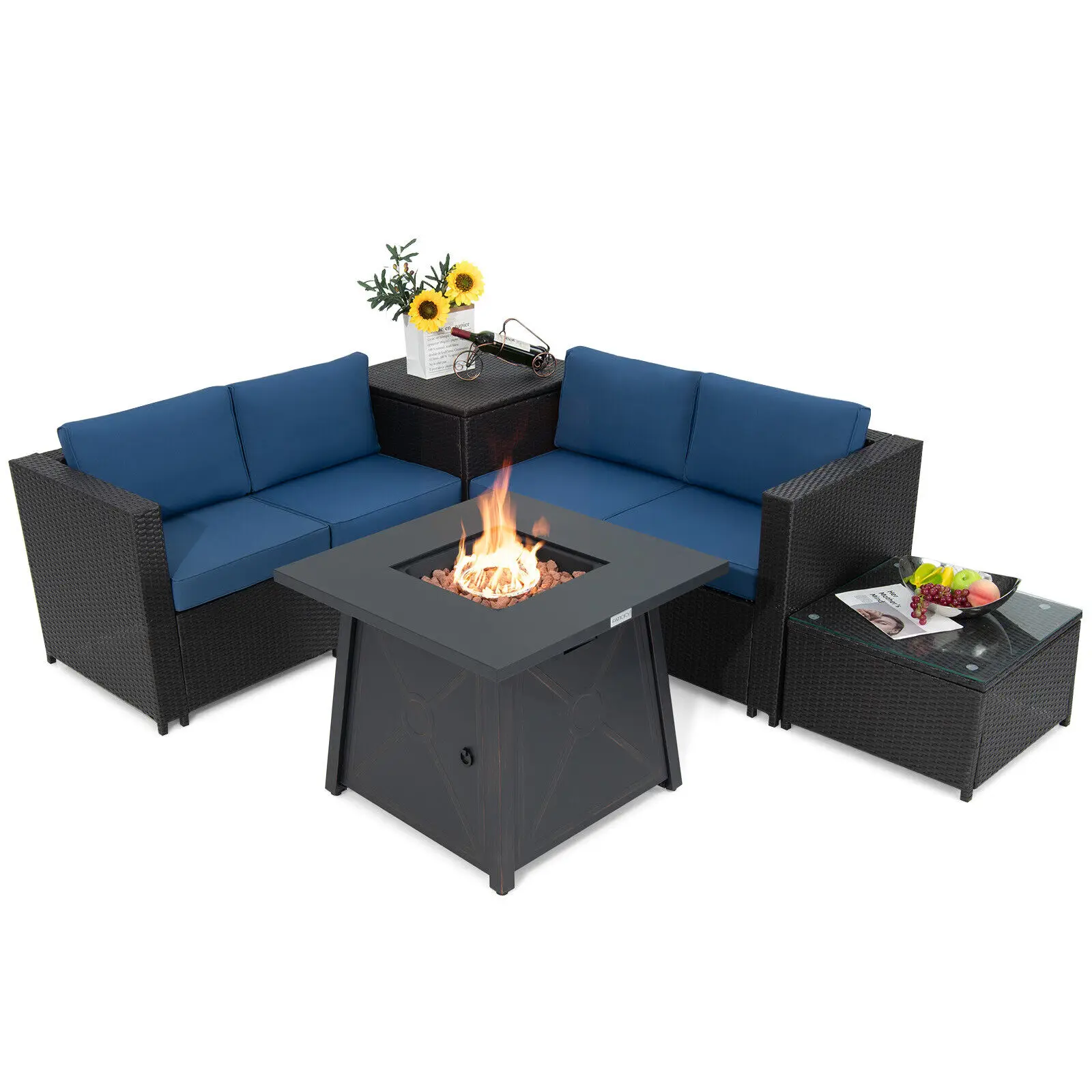 

Costway 5PCS Patio Rattan Furniture Set 30" Gas Fire Pit Table W/Cover Navy