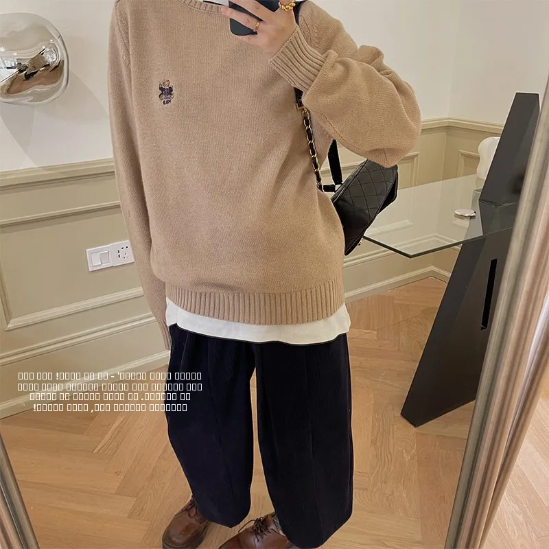 

Винтажный свитер VIMAS из смесовой шерсти с принтом медведя, мягкий, цвета молочного чая, женский, теплый, с круглым вырезом, длинными рукавами, вязаный