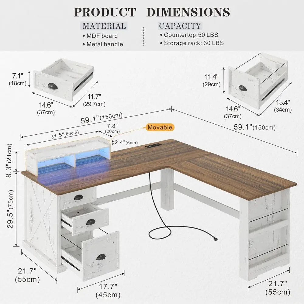 59 L Shaped Desk with Movable Stand, LED Lights, Power Outlets | Home Office Desk with File Drawer, Computer Desk, Executive Des