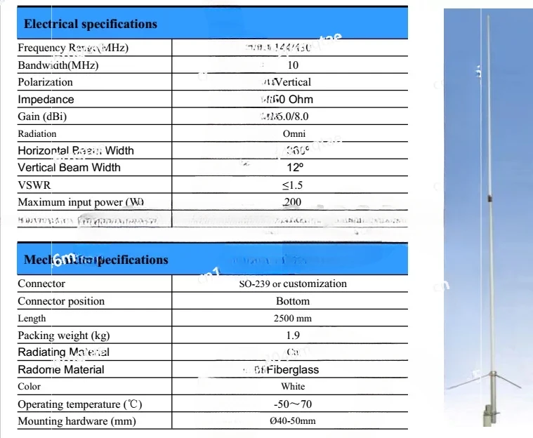 For High Gain 6/8dBi 2.5m Dual Frequency Fiberglass Antenna 144 430 Mhz VHF UHF Base Station Antenna X200 X50 X30