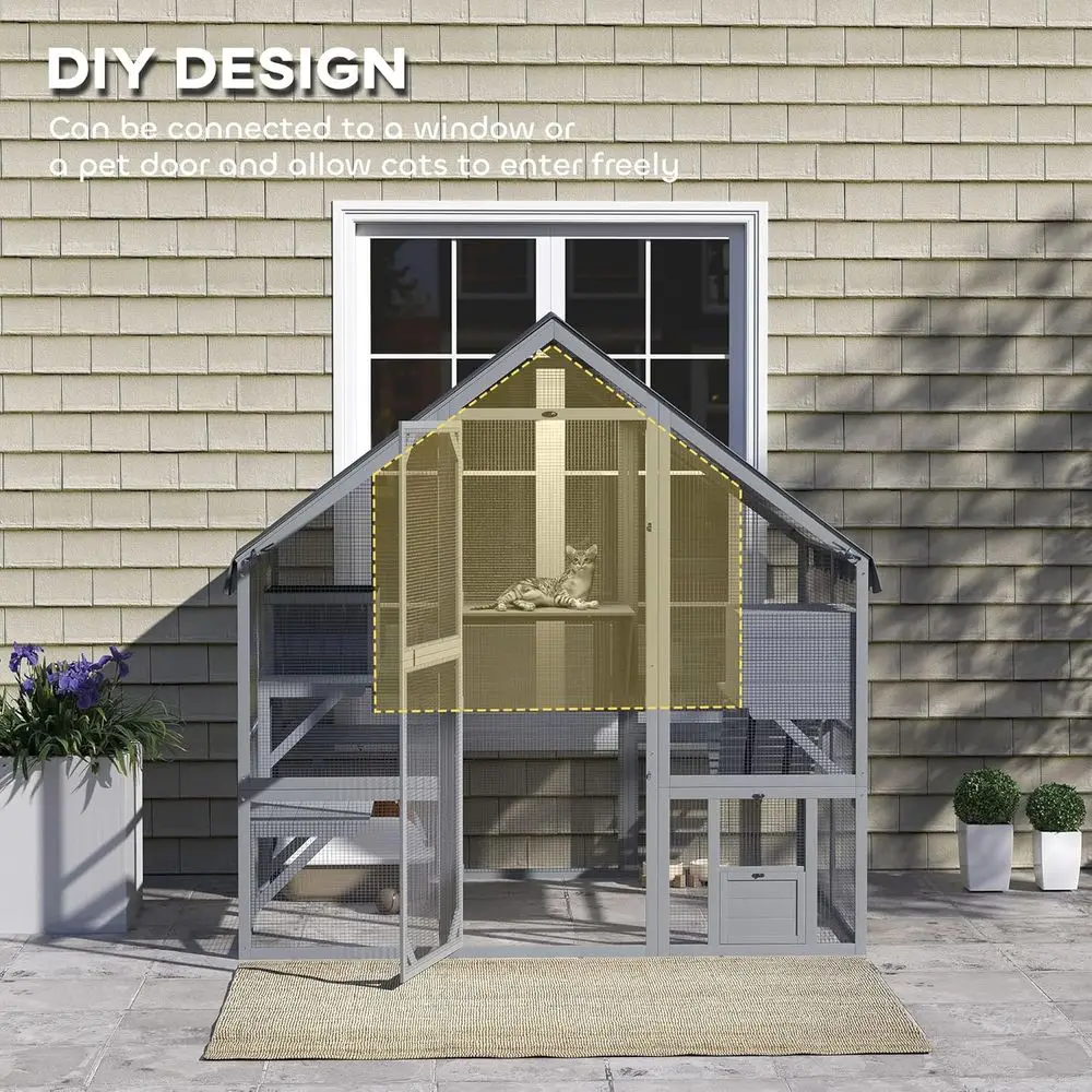 حاوية خارجية كبيرة متعددة القطط سعة 73 لترًا، منزل خشبي بطول 28 قدمًا مربعًا مع غطاء مقاوم للماء، 2 كوندوز، 4 منصات، جسر، أبواب، رمادي #6