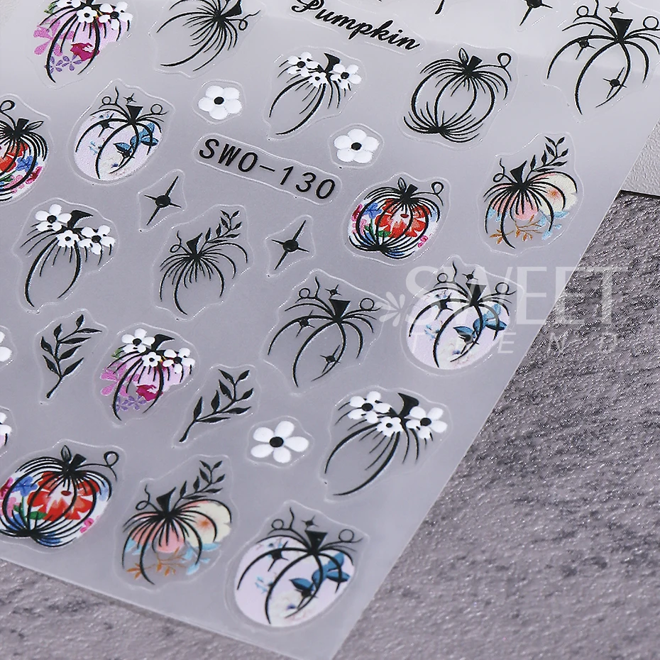 2 Stuks Cartoon Herfst Pompoen Nail Stickers 3D Esdoornblad Bloemblaadjes Lijm Nail Decals Sliders Diy Thanksgiving Day Manicure Decor