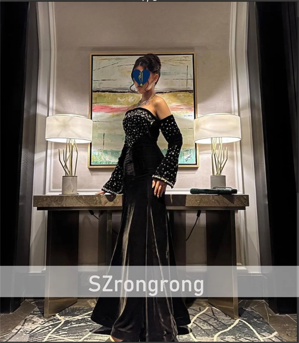 Vestido de novia de noche sin espalda, tubo de terciopelo con cuello barco personalizado, glamuroso, manga 3/4, vestido largo de fiesta de graduación con cuentas de cristal