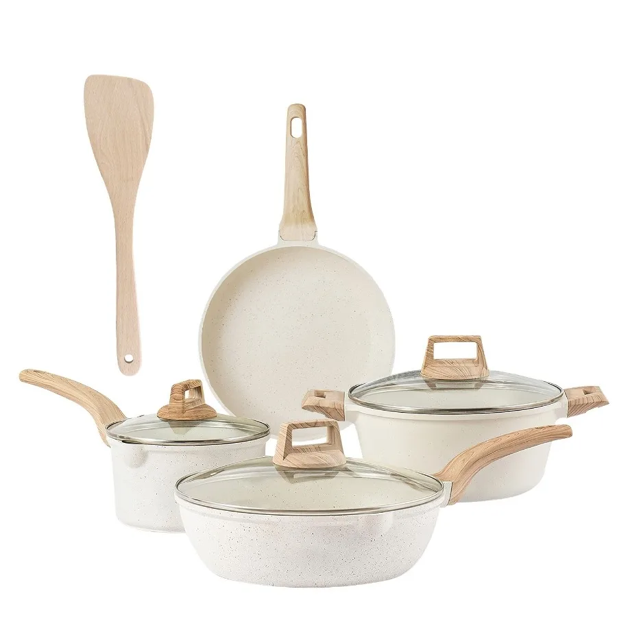 

Kitchen Cookware Set Pots and Pans Set White Nonstick Granite Coating Dishwasher Safe Fast Even Heat Induction Frying Pan Stock