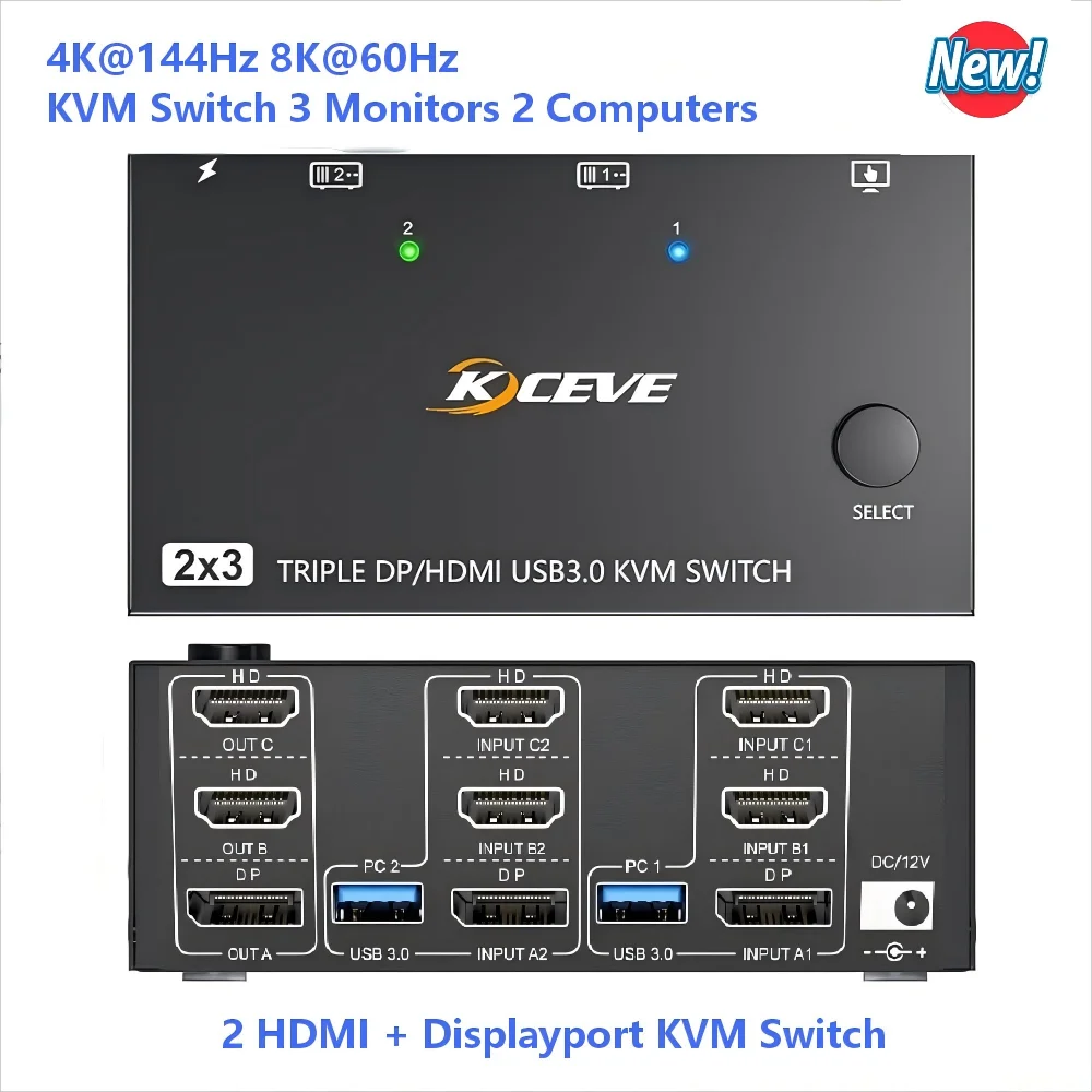 

Displayport + KVM-переключатель HDMI 3 монитора 2 компьютера 4K при 144 Гц 8K при 60 Гц, USB 3.0 Тройной монитор KVM-переключатель 2 ПК Поделиться 4 порта USB